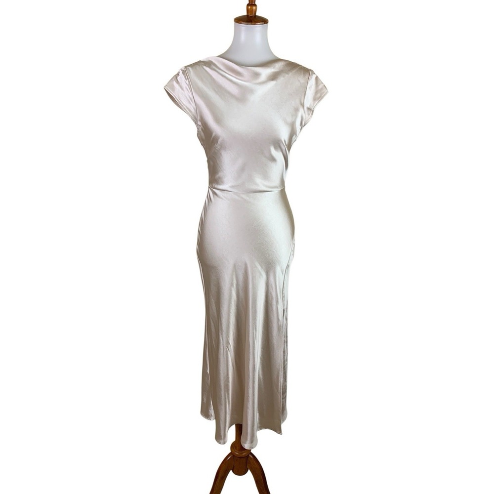 Fortunate One Champagne Satin Midi Dress Cap Sleeve Open Back Slip Dress Small